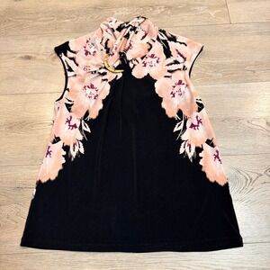 Calvin Klein Floral Cowl Neck Sleeveless Top Blouse Gold Ring Detail Medium‎ M